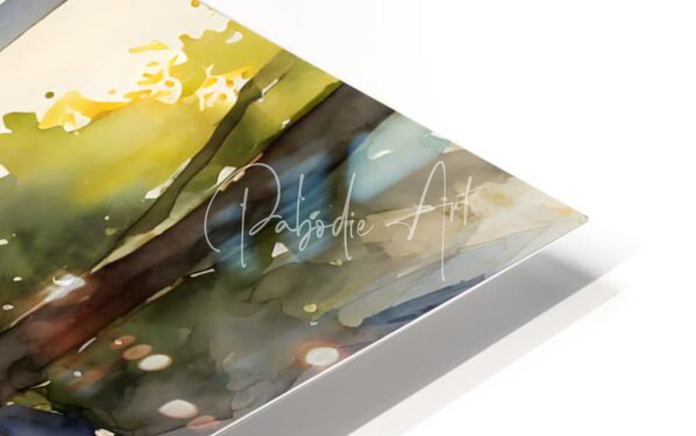 Watercolor landscape art print titled street shops in Paris with soft greens yellows and blues on a glossy surface