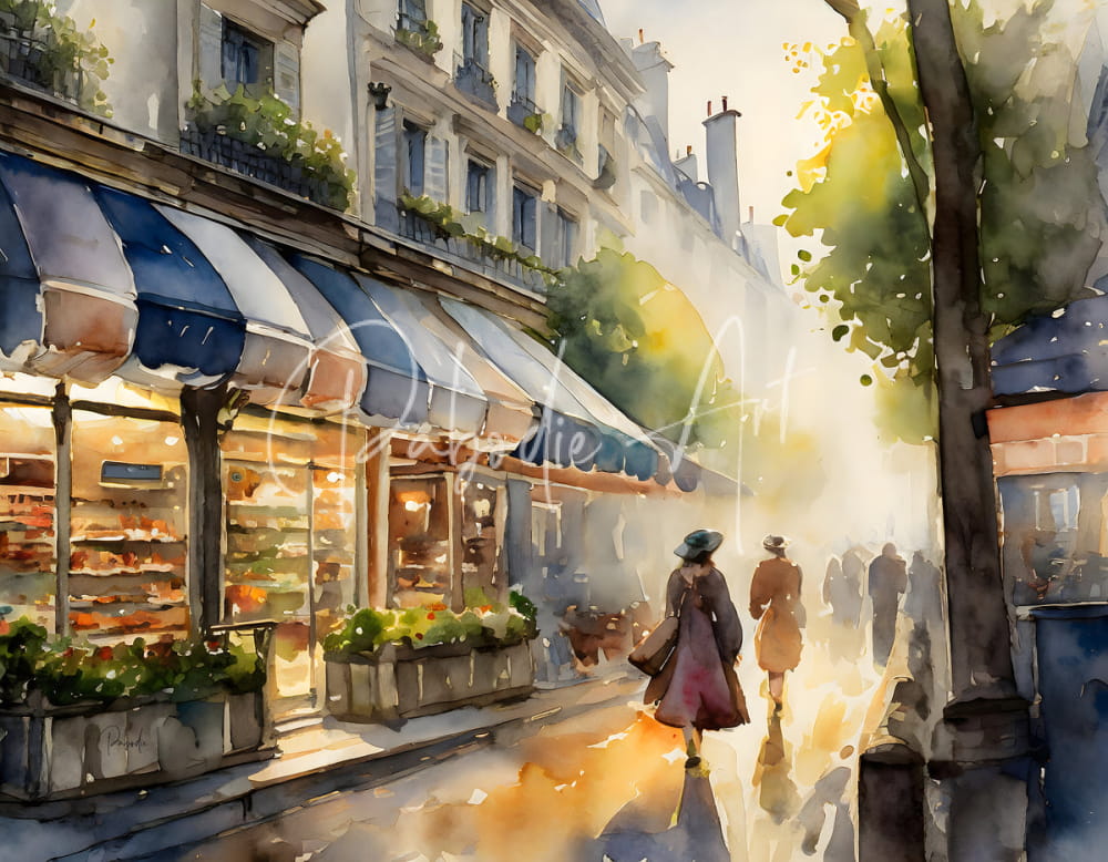 Blue and white striped fabric awning over a parisian street shop in street shops in paris product image