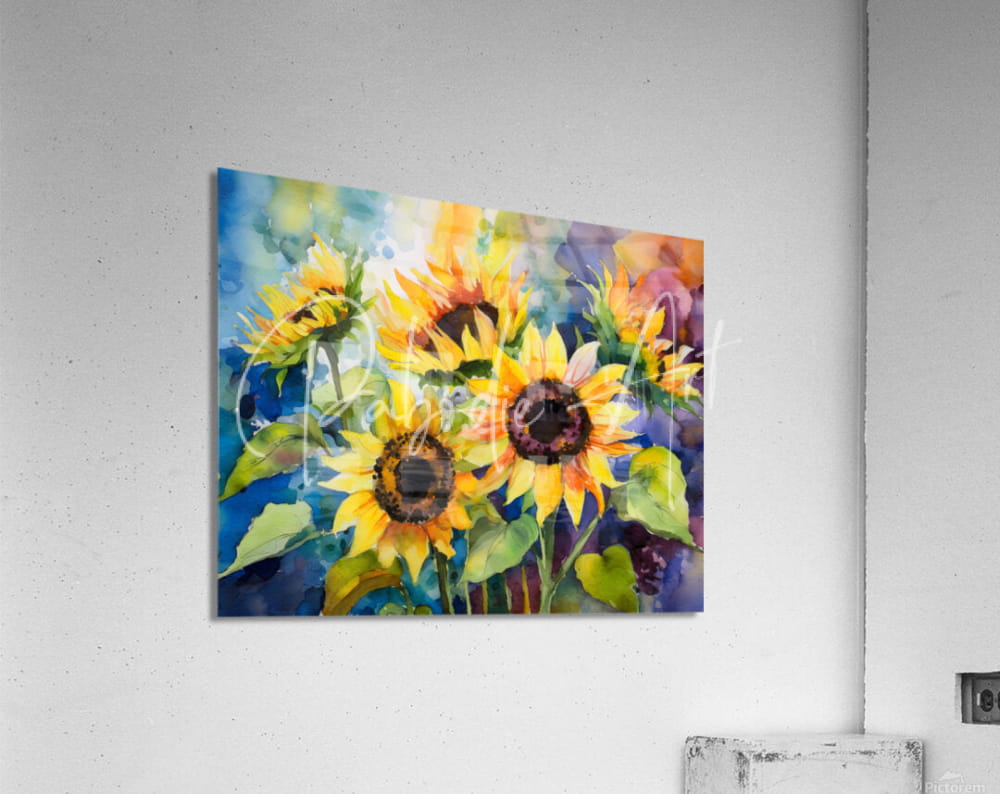 Vibrant watercolor sunflower print on acrylic wall art panel titled sunflowers and colors for home decor