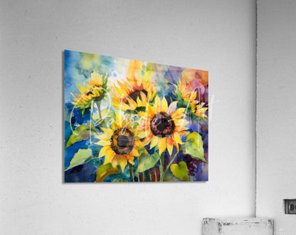 Vibrant watercolor sunflower print on acrylic wall art panel titled sunflowers and colors for home decor