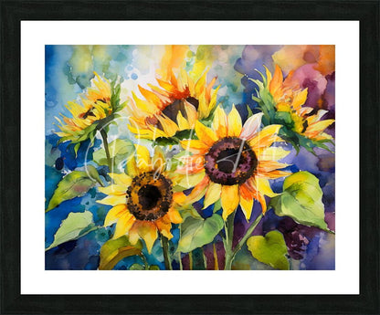 Watercolor painting titled sunflowers and colors featuring vibrant yellow and orange sunflowers with dark centers on blue background