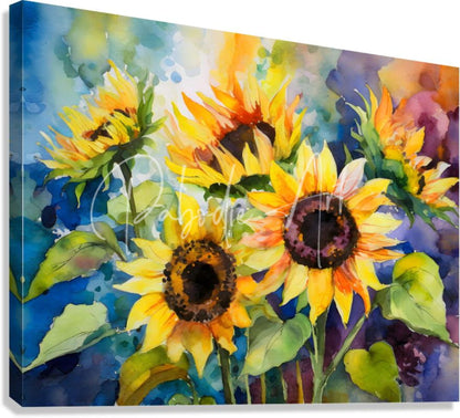 Vibrant watercolor canvas print titled sunflowers and colors featuring bright yellow sunflowers on blue green purple background