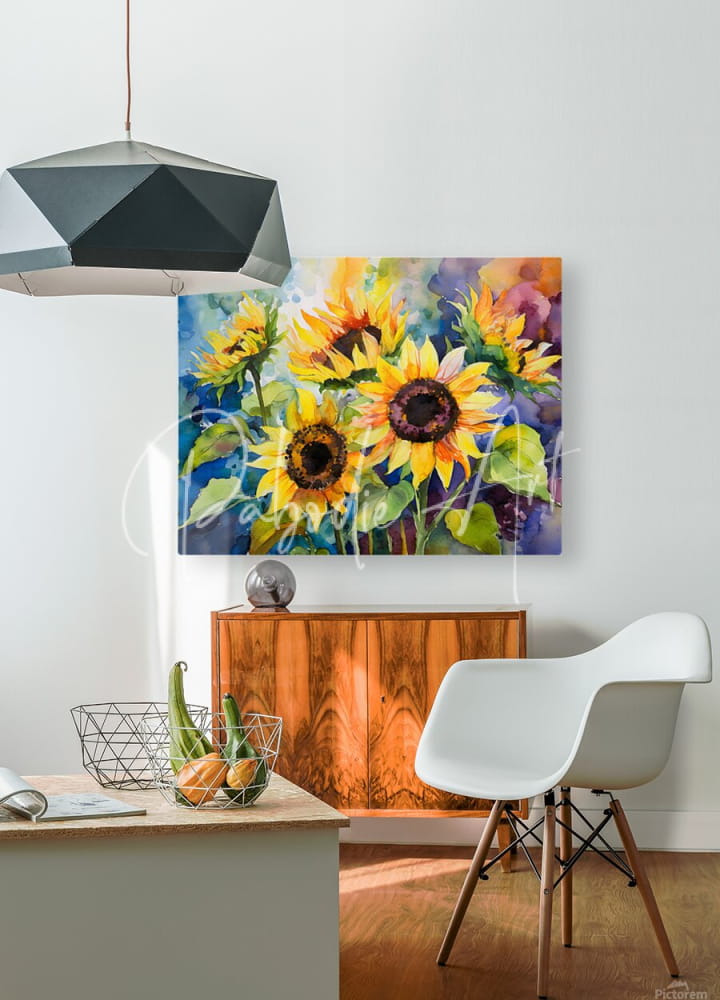 Vibrant watercolor painting of sunflowers on canvas showcasing bright yellows and greens in sunflowers and colors product