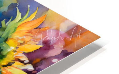 Vibrant watercolor painting of sunflowers on a glossy angled canvas with palbodie art signature in white script