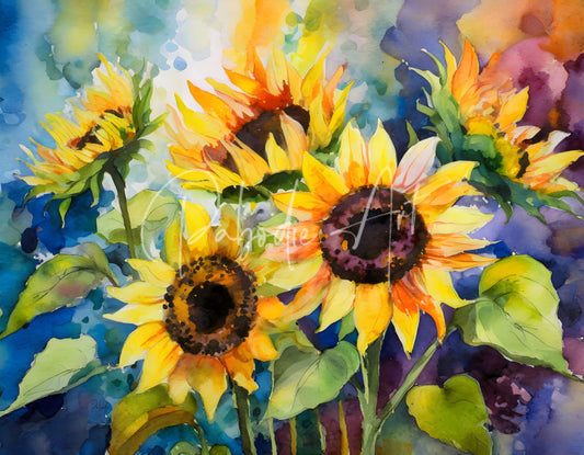 Vibrant watercolor painting of sunflowers with golden-yellow petals and dark centers in sunflowers and colors product