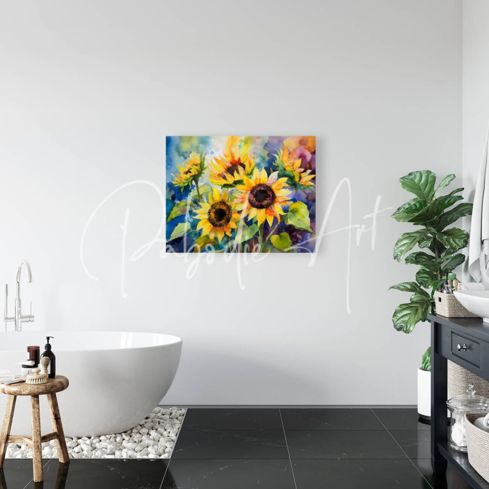 Vibrant watercolor painting of sunflowers in yellow and purple hues framed on white wall titled sunflowers and colors
