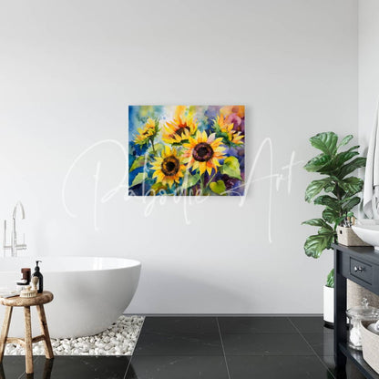 Vibrant watercolor painting of sunflowers in yellow and purple hues framed on white wall titled sunflowers and colors