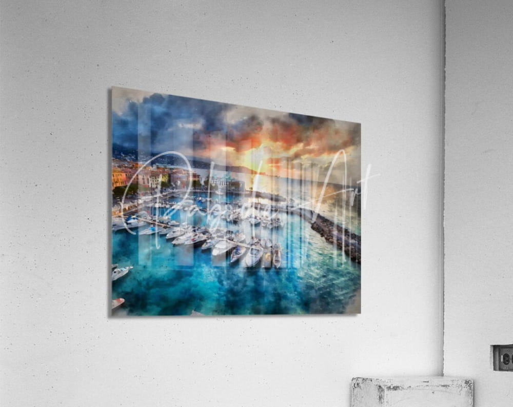 Vibrant acrylic print titled Sunrise Over Cannes showing boats in turquoise harbor water under orange and blue sunset skies