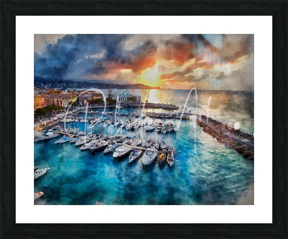 A framed watercolor print titled sunrise over cannes showing boats in turquoise harbor waters at sunset with orange and blue skies