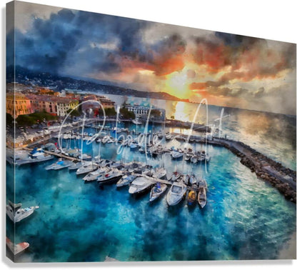 Watercolor-style canvas print of sunrise over cannes showing harbor boats in turquoise water under vivid orange and gray clouds