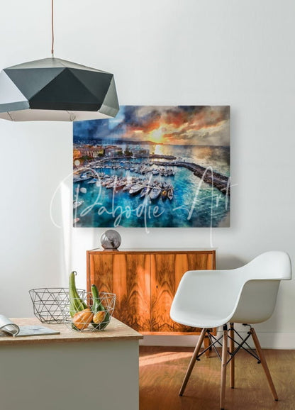 Watercolor painting on rectangular canvas of a harbor at sunset with boats titled sunrise over Cannes