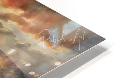 A rectangular framed art print titled Sunrise Over Cannes featuring a watercolor abstract landscape in orange brown and gray hues