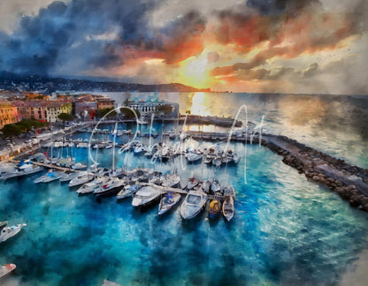 A vibrant watercolor painting titled Sunrise Over Cannes showing a harbor at sunset with boats in turquoise water
