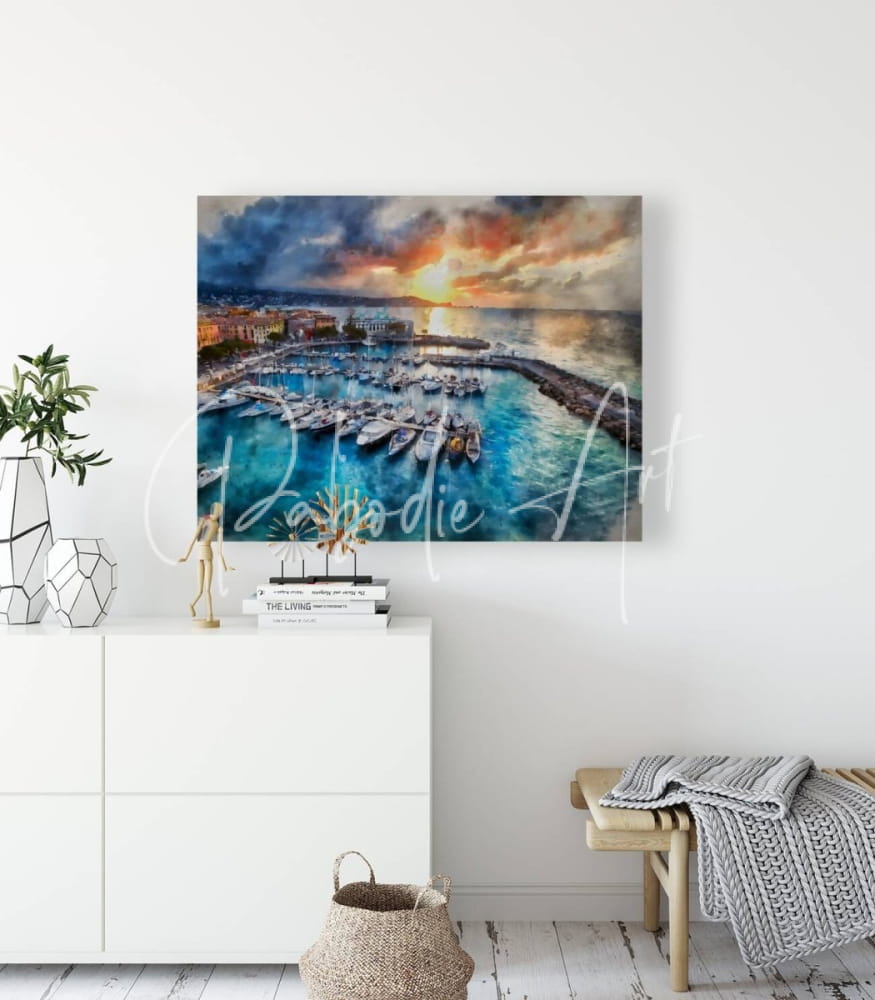 Watercolor painting on canvas titled sunrise over cannes depicting a vibrant harbor at sunset with boats in blue and orange