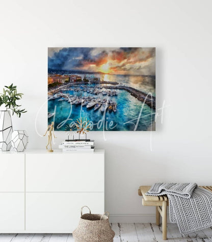 Watercolor painting on canvas titled sunrise over cannes depicting a vibrant harbor at sunset with boats in blue and orange