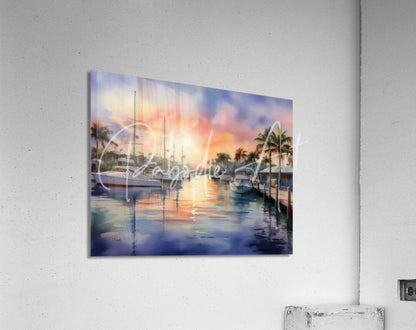Watercolor painting titled Sunset Along The Canal showing a marina at sunset with boats and palm trees reflected
