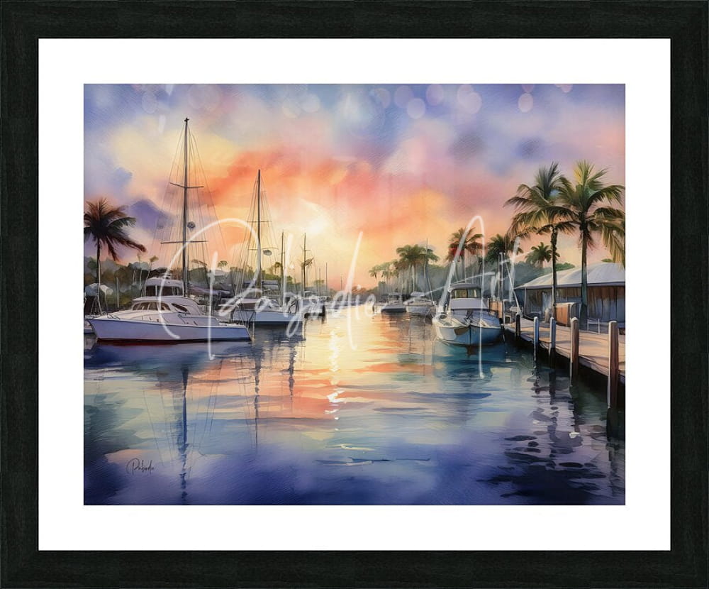 Watercolor painting of a marina at sunset with boats and palm trees reflected in calm water along the canal