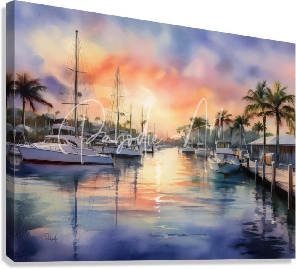 Watercolor canvas painting titled sunset along the canal depicting a harbor at sunset with boats palm trees and vibrant skies
