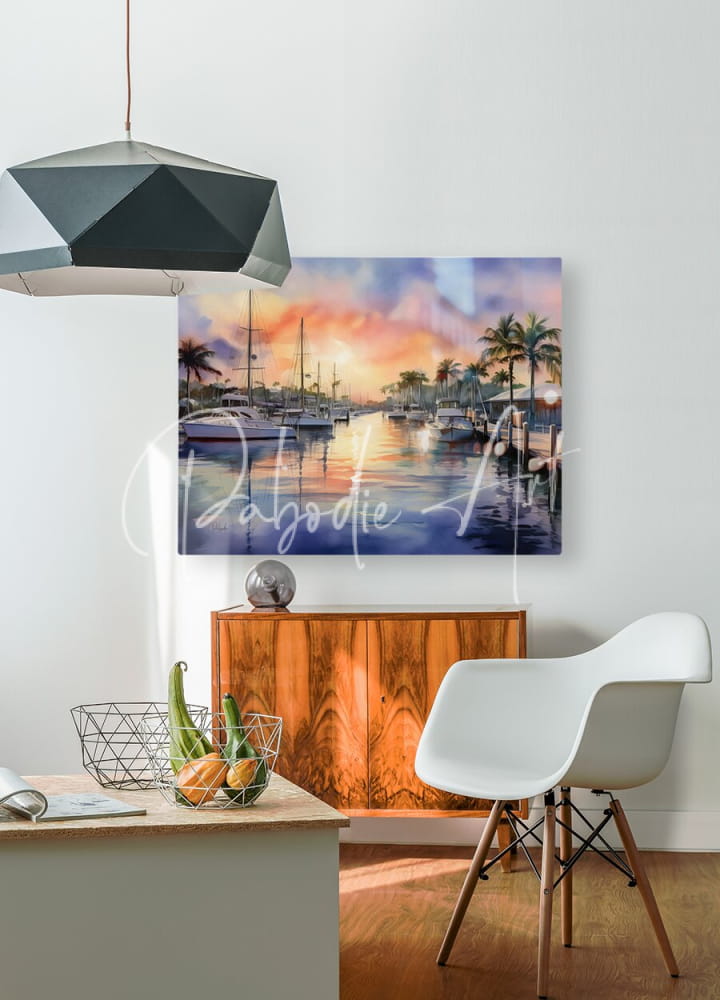 Vibrant watercolor painting on canvas of a tropical harbor at sunset with boats and palm trees titled sunset along the canal