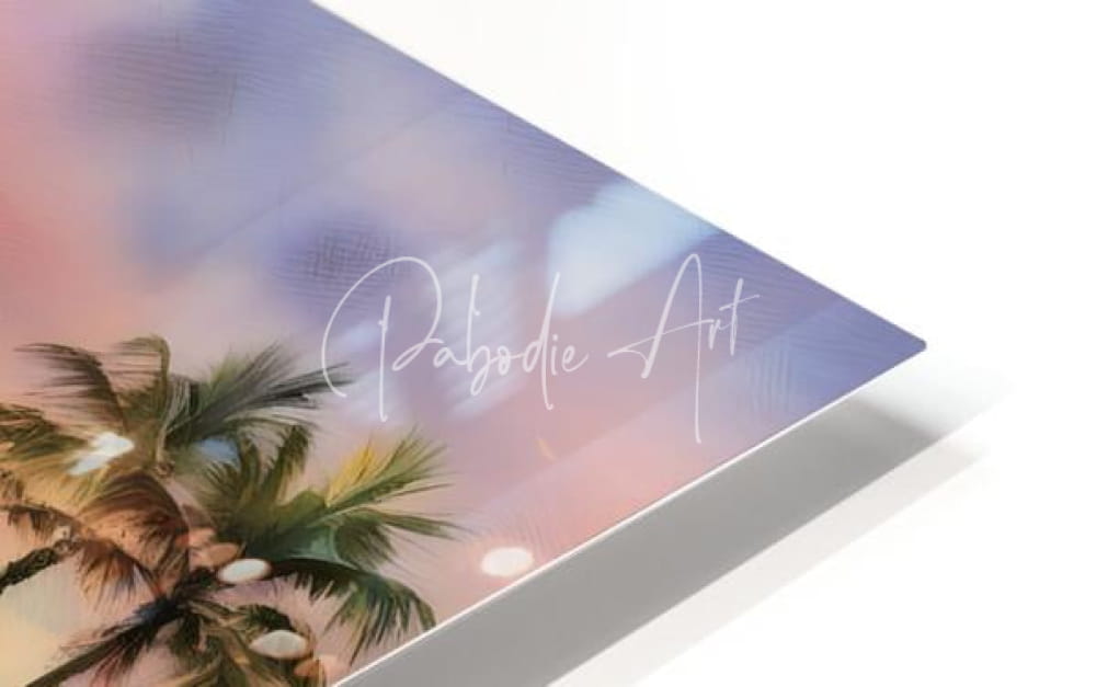 Sunset along the canal acrylic art panel featuring vibrant tropical palm trees against soft pink and purple skies