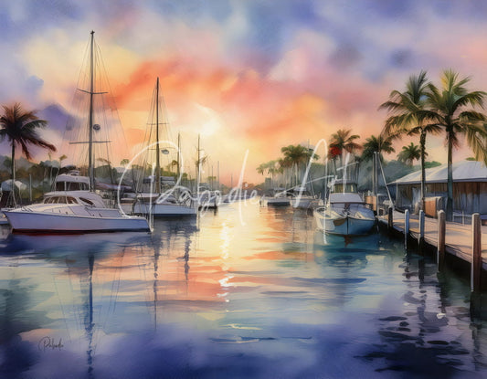 A serene watercolor painting titled sunset along the canal showing a harbor with white sailboats and palm trees at sunset