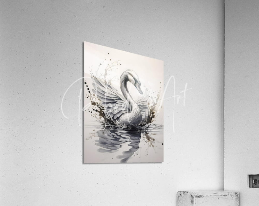 A monochromatic acrylic print titled the swan ink wash featuring a gracefully curved swan with detailed feathers and ink splash background