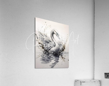 A monochromatic acrylic print titled the swan ink wash featuring a gracefully curved swan with detailed feathers and ink splash background