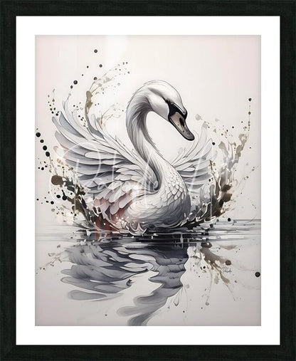 A framed artwork titled the swan ink wash featuring a white swan with detailed feathers and black splashes on reflective water