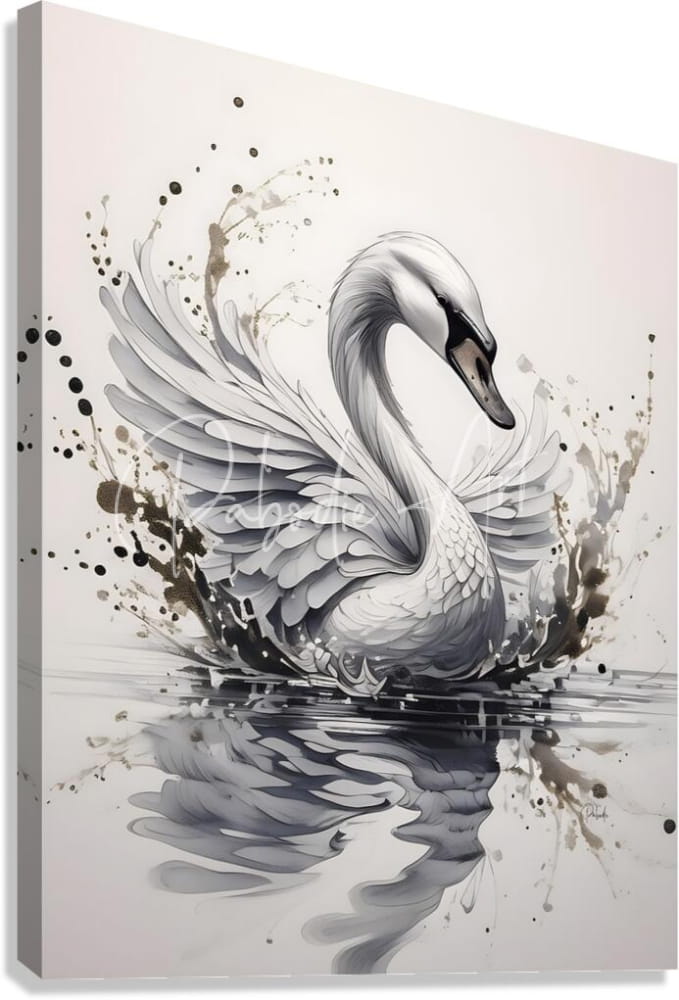 A monochromatic canvas print titled the swan ink wash featuring a curved swan with detailed feathers and ink splatter effects