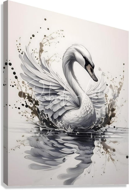A monochromatic canvas print titled the swan ink wash featuring a curved swan with detailed feathers and ink splatter effects