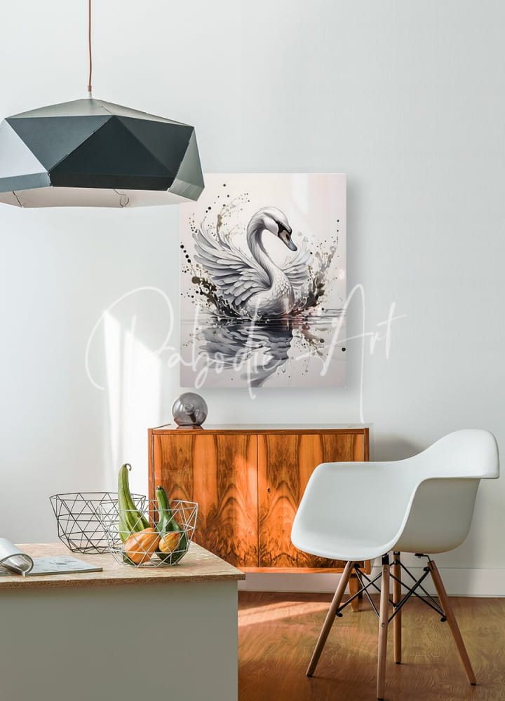 A sleek black geometric pendant light with faceted design reflecting ambient light from the swan ink wash collection
