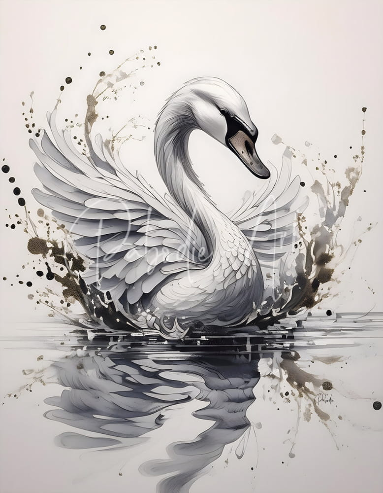 The swan ink wash features a graceful white swan with detailed gray and black feathers in dynamic ink splash design