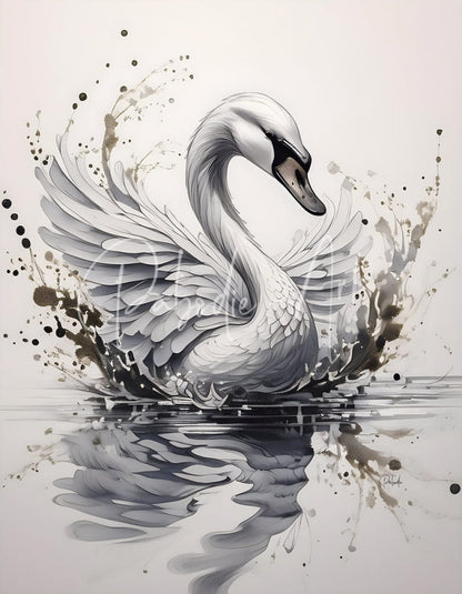 The swan ink wash features a graceful white swan with detailed gray and black feathers in dynamic ink splash design