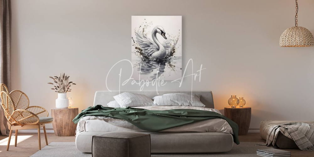 Black and white canvas print of a swan in motion mounted above the bed titled the swan ink wash