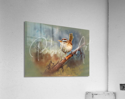 A rectangular acrylic print featuring a detailed watercolor painting of a brown and white carolina wren on a branch