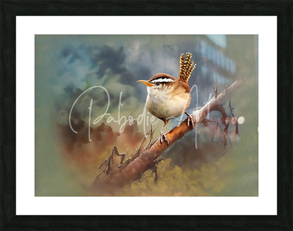 A framed watercolor painting of a small brown and white carolina wren with a spiky crest perched on a branch
