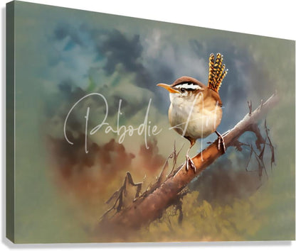 A canvas painting titled sweet carolina wren featuring a detailed small brown and white bird with an upright crest on a branch