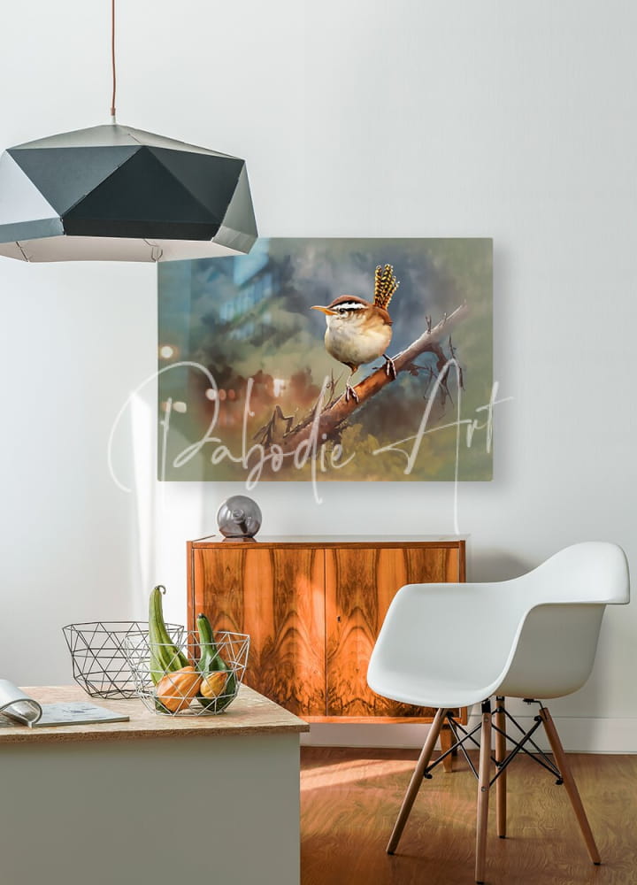 A framed canvas painting of a small brown and white Carolina wren perched on a branch with muted earthy tones