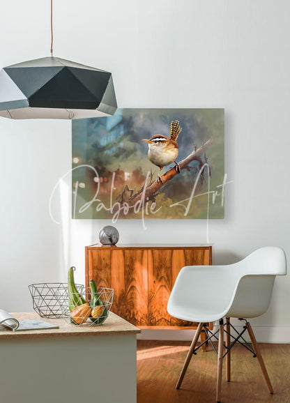 A framed canvas painting of a small brown and white Carolina wren perched on a branch with muted earthy tones
