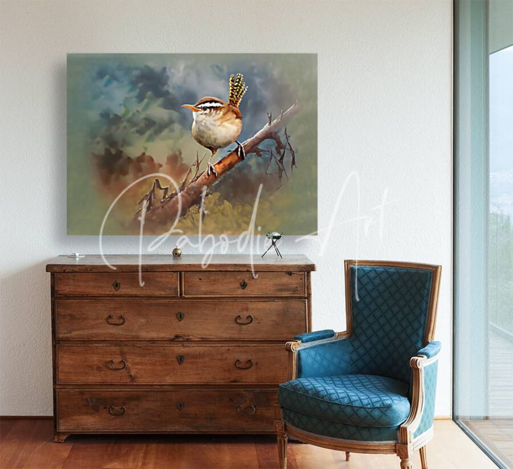 A detailed canvas painting of a sweet carolina wren with brown and white plumage perched on a branch in soft watercolor tones