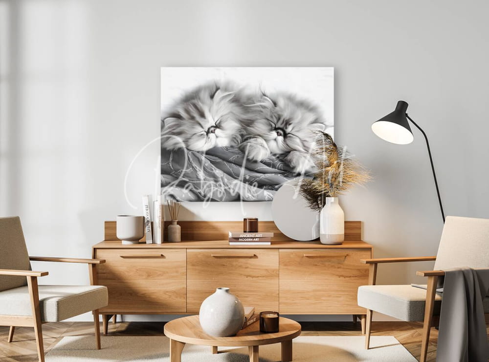 Black and white canvas print of two fluffy kittens resting together mounted on a light gray wall titled sweet dreams kittens