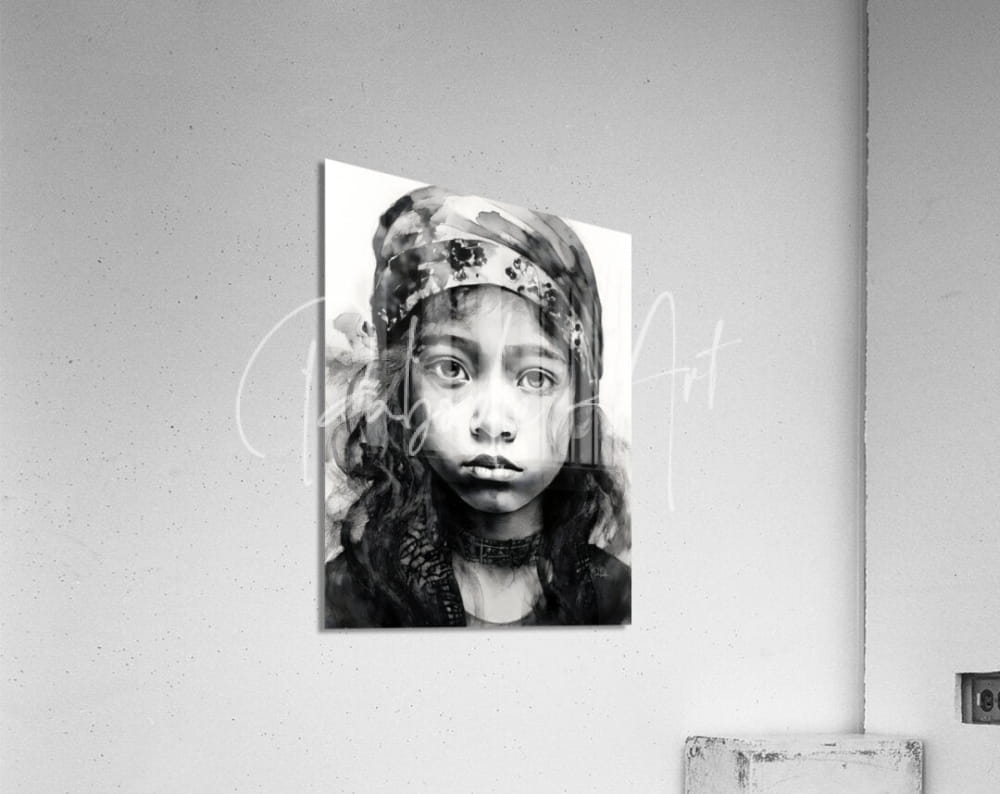Black-and-white watercolor portrait of a young girl wearing patterned headscarf and choker printed on acrylic panel tabitha