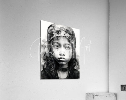 Black-and-white watercolor portrait of a young girl wearing patterned headscarf and choker printed on acrylic panel tabitha