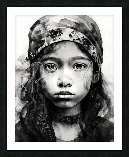 Black-and-white watercolor portrait of a young girl with patterned headscarf in a sleek black frame with white mat titled Tabitha