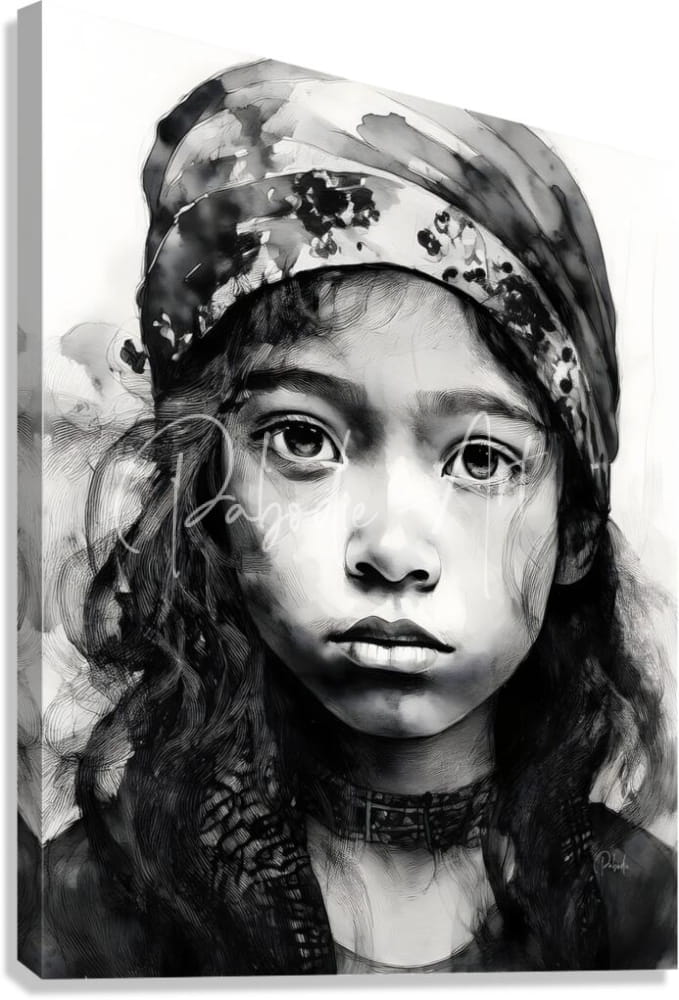 Black-and-white portrait canvas of a young girl with long wavy hair wearing a patterned headscarf named tabitha