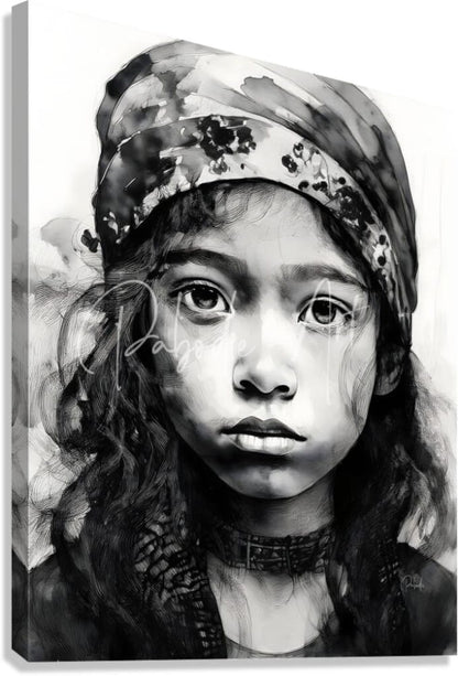 Black-and-white portrait canvas of a young girl with long wavy hair wearing a patterned headscarf named tabitha