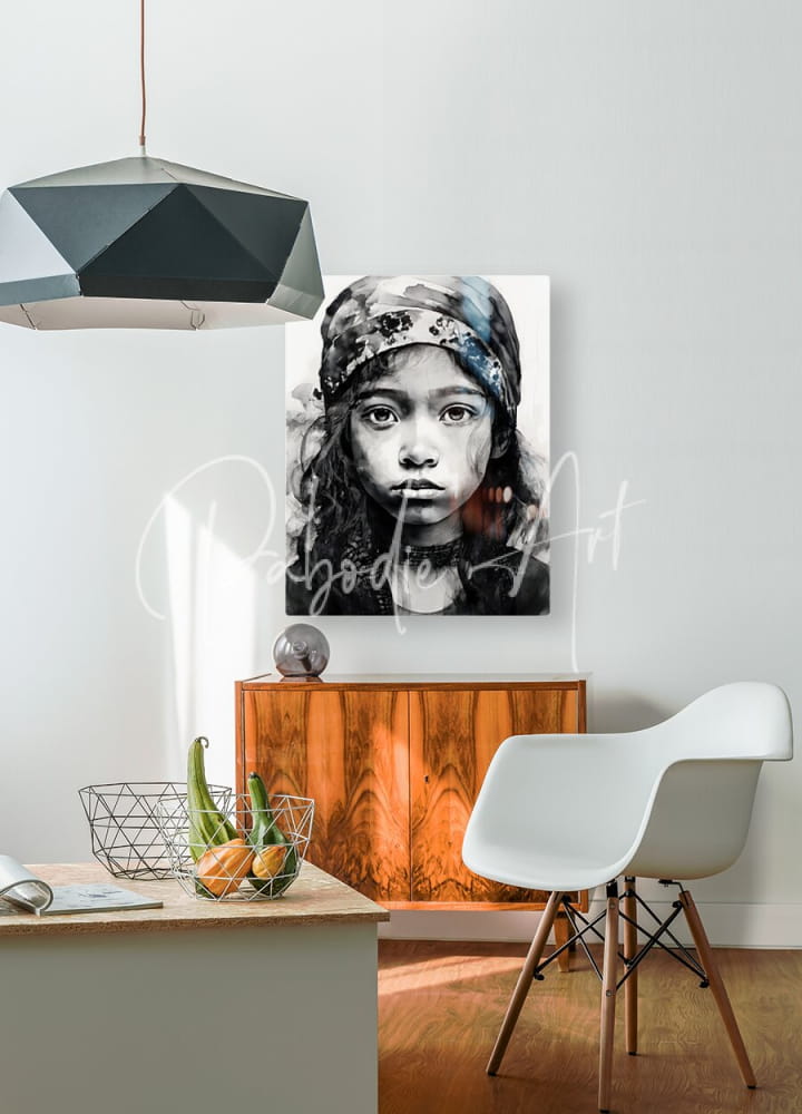 Black-and-white portrait canvas tabitha featuring a young girl with intricate headscarf mounted on a white wall
