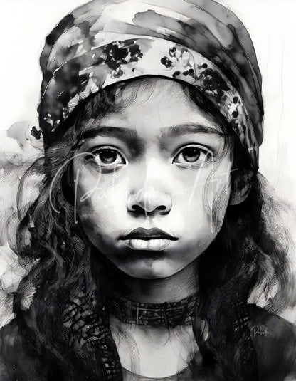 Tabitha black and white sketch of a young girl wearing a patterned headscarf and textured choker accessory
