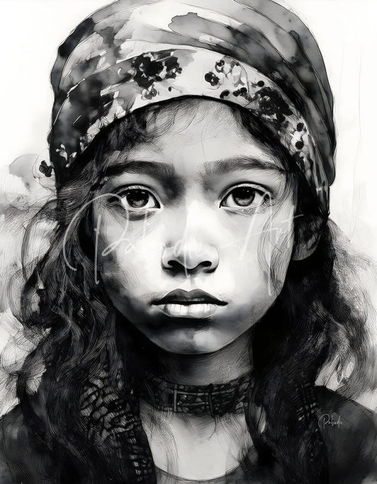 Tabitha black-and-white sketch of a young girl wearing a patterned headscarf and textured choker accessory