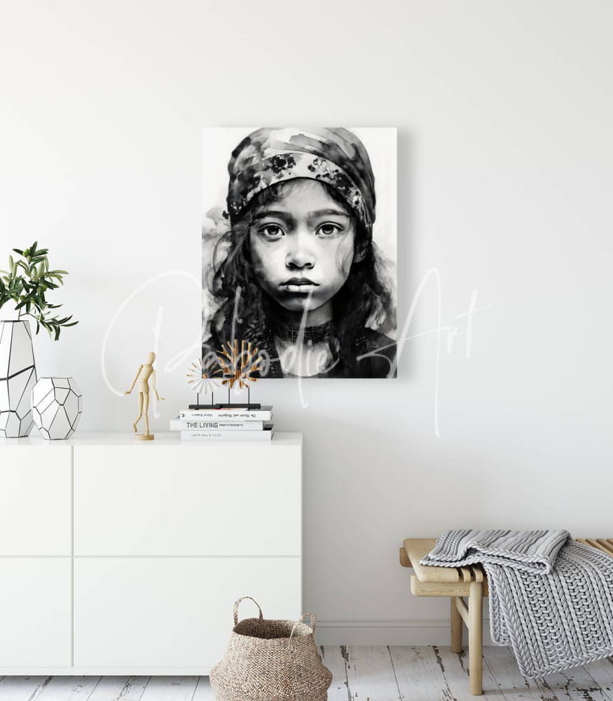 Black and white canvas print titled tabitha featuring a young girl wearing a patterned headscarf